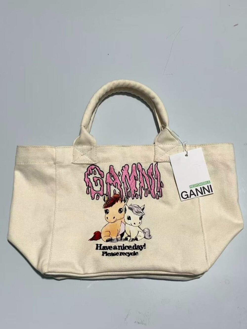 GANNI Cream Embroidered Pony Canvas Handbag Tote